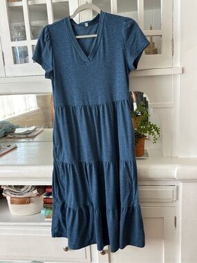 Blue V-Neck Tiered Short-Sleeve Women's Dress